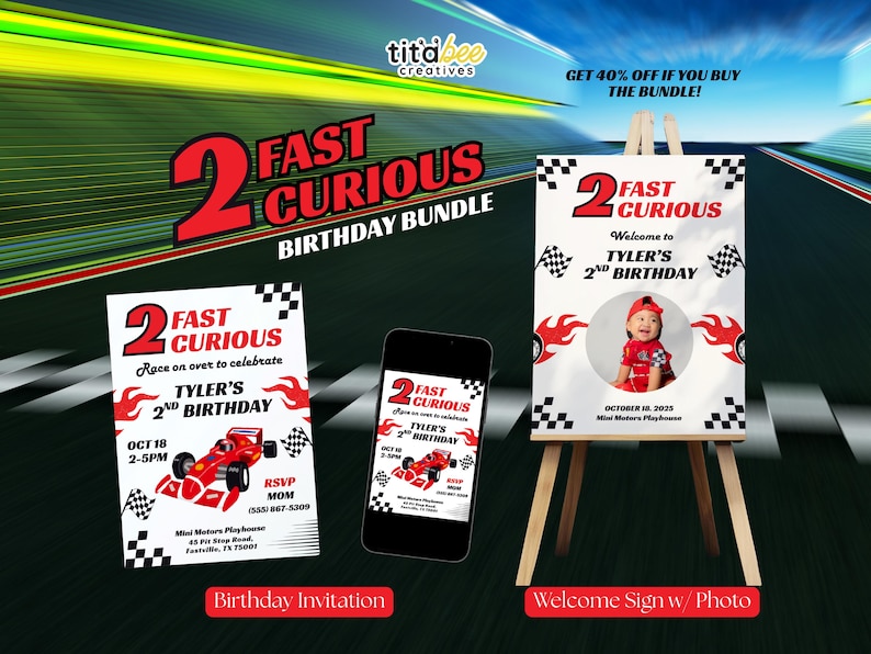Race Car Birthday Welcome Sign with Photo, 2 Fast 2 Curious Party Decor, Editable Racing Theme Poster, Boys 2nd Birthday Decoration