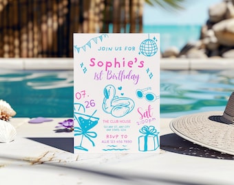 Flamingo Pool Party 1st Birthday Invitation, Hand-Drawn (Digital Download)