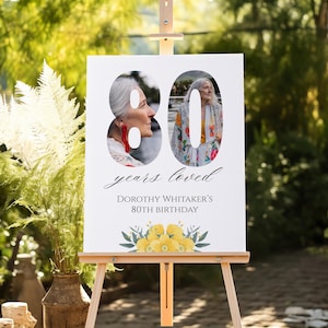 80 Years Loved Sign with Photo, Editable Floral 80th Birthday Poster for Women, Cheers to 80 Years, Minimalist Welcome Party Entrance Sign