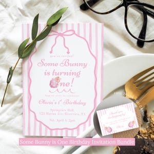 Some Bunny is Turning One 1e verjaardagsuitnodiging, roze strikstrepen, bedankbundel