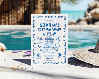 21. Geburtstag-wunderliche Einladung, Hand gezeichnete Pool-Party einladen, Prost auf 21 Jahre Vorlage