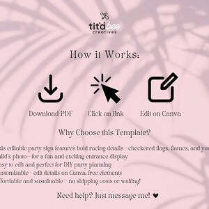 May include: Pink background with text and icons. The text reads "How it Works: Download PDF, Click on link, Edit on Canva." Additional text explains the template's features, including racing details and customization options.