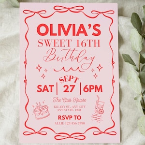 Invitation 16e anniversaire coquette, invitation rose et rouge Sweet Sixteen, carte d'anniversaire douce 16e anniversaire avec bordure en ruban, décoration de fête filles 16