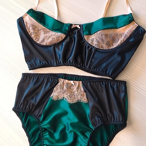Vintage style retro silk bra and high waist panties lingerie set - bustier bra, silk briefs