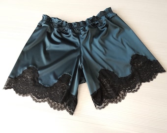 Mulberry Silk Sleep Shorts with Lace Trim, Handmade Lingerie