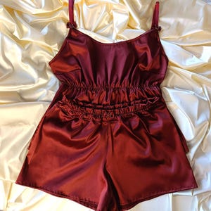 Burgundy tank top and silk shorts, silk satin camisole top sleeveless, pajama lingerie set, sexy clothing for home