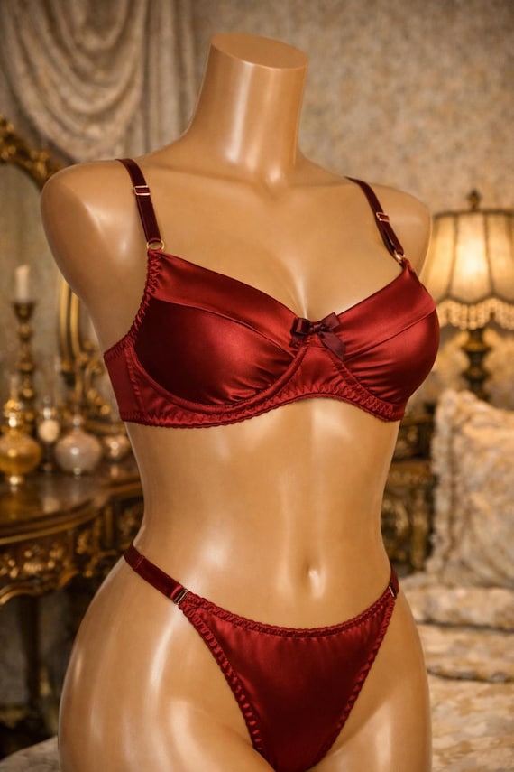 Dark Red Silk Lingerie Set, Soft Bra Cups and Sexy Thong Panties - Etsy Dark Red Silk Lingerie Set, Soft Bra Cups and Sexy Thong Panties - Etsy