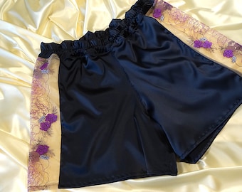 Navy Silk Pajama Shorts, Mens Satin Lingerie, Handmade Sleepwear