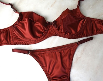 Dark red silk lingerie set, soft bra cups and sexy thong panties
