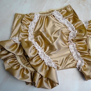 Sissy adult baby crossdresser silk panties, high waist ruffles lace silk lingerie for men, vintage bloomers
