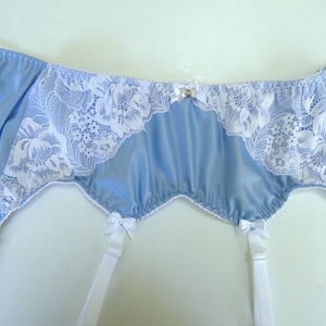 Wedding sky blue garter belt for bride, retro vintage style silk lingerie with 4 garters for stockings, best handmade personalized gift