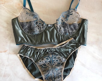 Dark grey silk sissy lingerie set for femboy, flat male sissy bra and sexy bikini panties for men