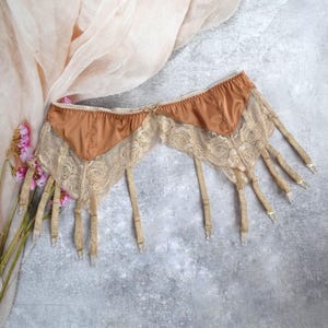 Garter belt silk lace with 12 garters, retro style sexy lace silk lingerie with garters for stockings, vintage lingerie - best handmade gift