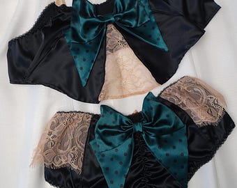 Sissy sexy silk lingerie decorated with flat green bow with black polka dots - top bra and brief panties, best gift