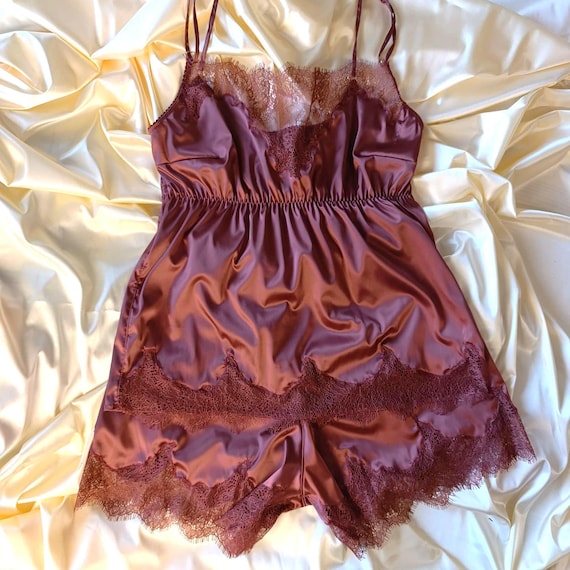 Burgundy Silk Satin Lingerie Set, Lace Cami and Shorts - Etsy