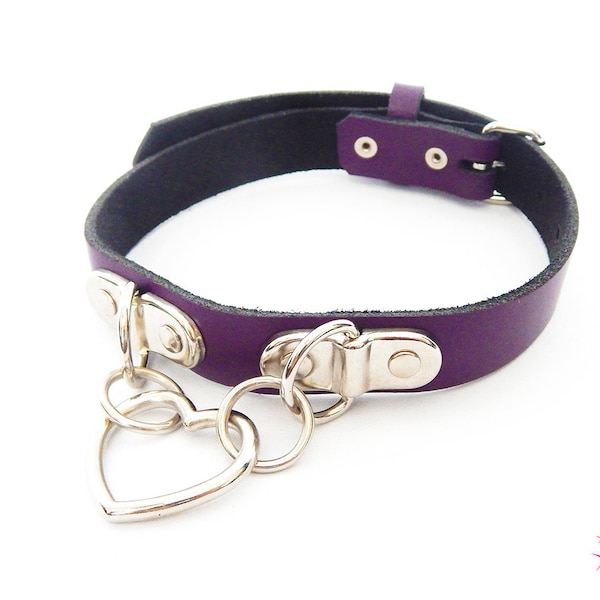 Purple Bound Heart Ring Choker, Purple Bound Heart Ring Collar, Heart and D Ring Choker, D Ring Collar, Restrained Choker, Restrained Collar