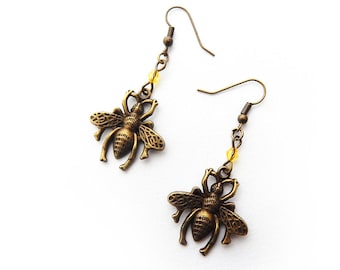 Antique Bronze Bee Earrings, Antique Bronze Bee and Honey Earrings, Antique Bronze Bumblebee Earrings, Bee Keeper Gift, Bronze Honey Bee