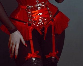 Red Corset Lacing Garter Belt – Vegan Leather Lingerie, Burlesque Costume, Gothic Suspender Belt