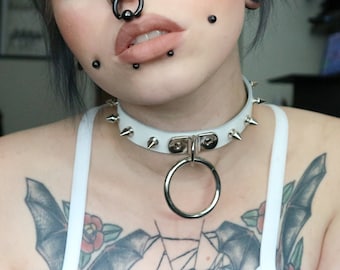 White Leather Studded D and O Ring Choker - Pastel Goth Collar, Yami Kawaii Jewellery