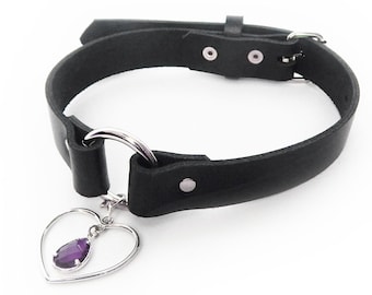Black O-Ring Choker with Amethyst Heart Charm - Goth Girl Collar, Witchy Jewellery
