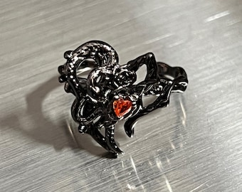 Gunmetal Black and Red Witches Heart Ring - Adjustable Size, Nu Goth, Y2K, Harajuku Fashion