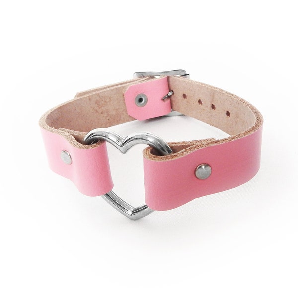 Pink Heart Ring Wristband, Pink Heart Wristband, Pink Slave Cuff, Pink Heart Wrist Cuff, Pink Leather Heart Ring Wristband, Heart Slave Cuff