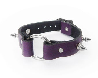 Purple Studded O Ring Wristband, Purple Studded Leather O Ring Wristband, Purple Studded Slave Cuff, Purple Studded O Ring Wrist Cuff