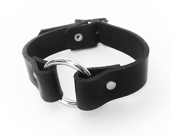 Black Leather O-Ring Wristband - Biker Cuff Bracelet, Emo Goth Jewellery