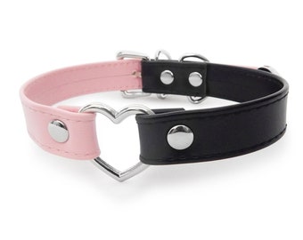 Half Black Half Pink Heart Ring Choker, Pink and Black Heart Ring Collar, Vegan Leather Heart Choker, Pink Vegan Leather Heart Collar