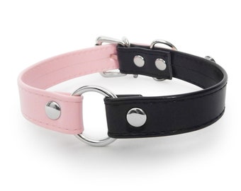 Black and Pink Vegan Leather O-Ring Choker - Pastel Goth Collar, Kawaii Emo Necklace