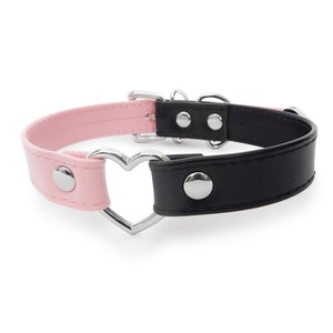 Pink & Black Vegan Leather Heart Ring Choker -  Pastel Goth Collar, Yami Kawaii Necklace