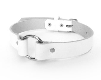 White O Ring Choker, White O Choker, Leather O Ring Choker, White O Ring Collar, White O Collar, Leather O Ring Collar, Love Slave Collar