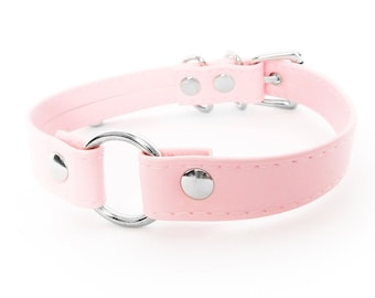Pink Faux Leather O-Ring Choker - Pastel Goth Collar, Harajuku Fashion Jewelry, Creepy Cute Necklace