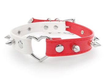 Half Red Half White Studded Heart Ring Choker, Red and White Studded Heart Ring Collar, Vegan Leather Collar, Red Spiked Heart Collar