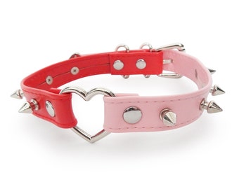 Half Pink Half Red Studded Heart Ring Choker, Pink and Red Studded Heart Ring Collar, Red Vegan Leather Collar, Pink Spiked Heart Collar