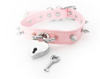 Pink Faux Leather Studded Heart Padlock Choker, Pink Studded Heart Lock Choker, Pink Vegan Leather Heart Padlock Collar, Pink Heart Collar