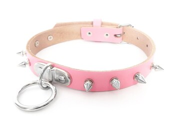 Pink Studded D and O Ring Choker, Pink Studded D Ring Choker, Pink O Ring Choker, Pink O Ring Collar, Pink Spiked D and O Ring Collar