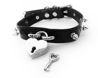 Black Faux Leather Studded Heart Padlock Choker, Black Studded Heart Choker, Black Vegan Leather Heart Padlock Collar, Heart Lock Collar