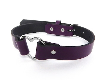 Purple Leather Heart Ring Choker - Goth Girl Collar, Grunge Necklace, Alternative Valentine's Day Gift