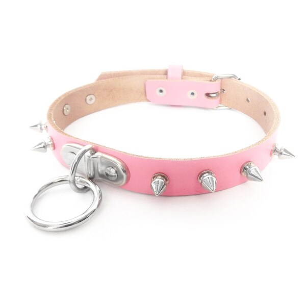 Pink Studded D and O Ring Choker, Pink Studded D Ring Choker, Pink O Ring Choker, Pink O Ring Collar, Pink Spiked D and O Ring Collar