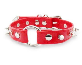 Red Faux Leather Studded O Ring Choker, Red Studded O Ring Choker, Red Vegan Leather O Ring Collar, Red Studded Collar, Red Pet Play Collar