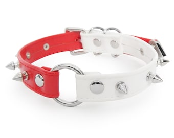 Half Red Half White Studded O Ring Choker, Red and White Studded O Ring Collar, Vegan Leather O Ring Collar, Red Spiked O Ring Collar