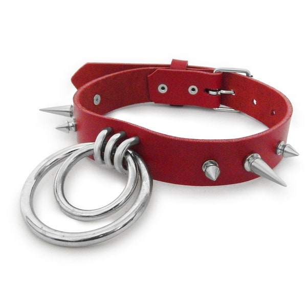 Red Studded Double O Ring Choker (Long and Short Spikes), Red Leather O Ring Choker, Spike Stud O Ring Choker, Red Double O Ring Collar