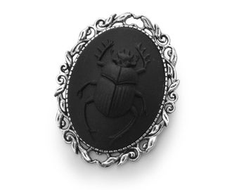 Antique Silver and Black Beetle Brooch, Black Beetle Cameo Brooch, Black Beetle Brooch, Silver Beetle Brooch, Gothic Bug Brooch