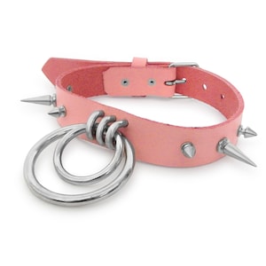 Pink Studded Double O-Ring Choker - Mixed Spike Collar, Pastel Goth Necklace, Kawaii Emo Jewellery