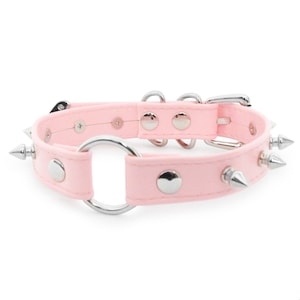 Rosa Vegan Leder O-Ring Halsband mit Nieten - Pastel Goth Halsband, Yami Kawaii Schmuck, E-Girl Halskette