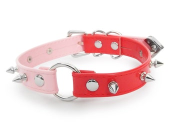 Half Pink Half Red Studded O Ring Choker, Pink and Red Studded O Ring Collar, Red Vegan Leather O Ring Collar, Pink Spiked O Ring Collar