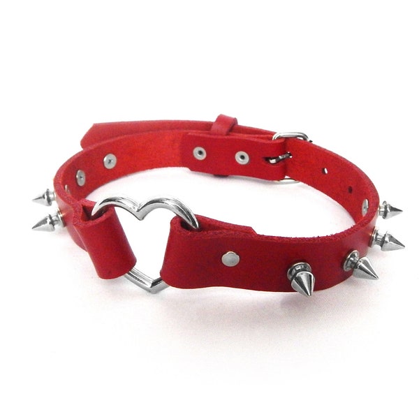 Red Studded Heart Ring Choker, Red Spiked Heart Choker, Red Spiked Heart Ring Collar, Red Love Slave Collar, Red Leather Spiked Heart Collar