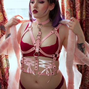 Pink Vegan Leather Corset Harness Bra, Pink Corset Harness, Pink Ribbon Harness, Pink Plus Size Harness, Pink Kitten Play Harness, Pink DDLG
