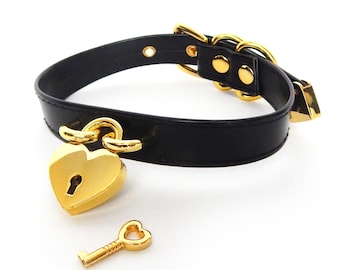Hangslotchoker met zwart en goudkleurig hart - kraag van imitatieleer, harajuku-ketting